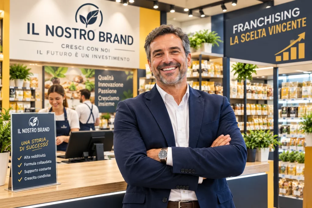 Format: Imprenditore sorridente all'interno di un negozio in franchising di successo.